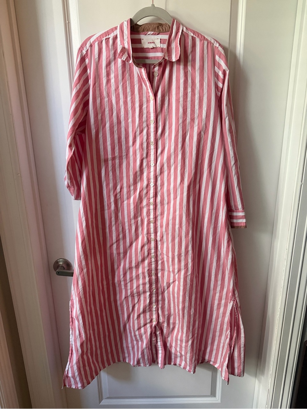 XiRENA Boden Pink & White Vertical-Stripe Button-Front Dress